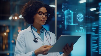 A doctor in a lab coat using a tablet to analyze digital medical data displayed on futuristic screens, highlighting the integration of advanced healthcare technology in modern diagnostics.
