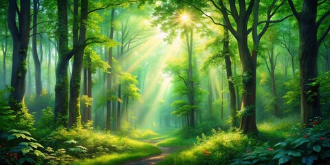 Obraz premium Lush Green Forest Landscape with Bokeh Effect - Nature's Beauty Captured in a Dreamy Scene