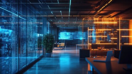 Modern neon cyberpunk open space office interior blurred with information technology overlay. Corporate strategy for finance, operations, marketing. Generative AI technology