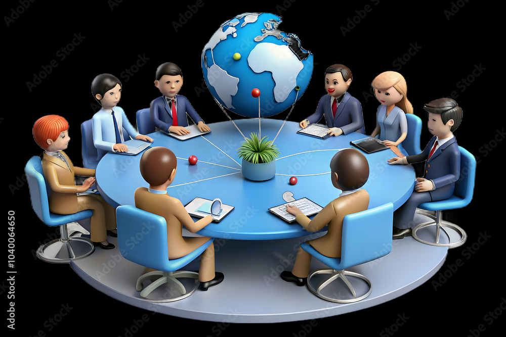 Poster business professionals collaborating digital world map global connectivity teamwork conference table