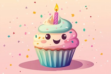 Smiling Cupcake Holding Birthday Candle Cartoon Illustration