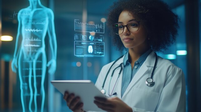 A doctor conducting a remote consultation in a lab coat using a tablet to review holographic medical data displaying human anatomy and diagnostic information, representing cutting-edge healing methods