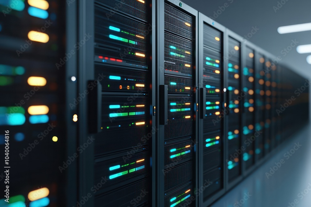 Poster advanced data center infrastructure showcasing high-tech server racks with colorful led indicators