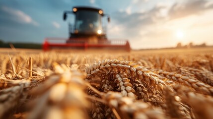 A combine harvester efficiently gathers bountiful golden wheat in a wide field under the vibrant hues of a setting sun, symbolizing abundance and agricultural progress.