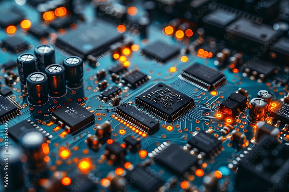 Poster intricate close-up of a circuit board with glowing components