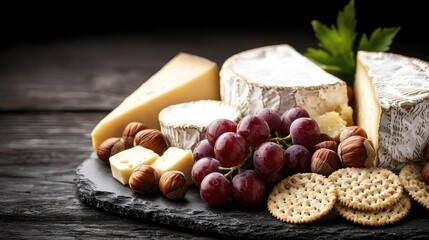 Cheese platter with grapes, nuts, and crackers on a rustic wooden table.