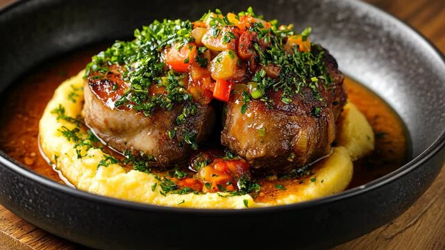 Braised short ribs with creamy polenta and a bright, herbaceous sauce