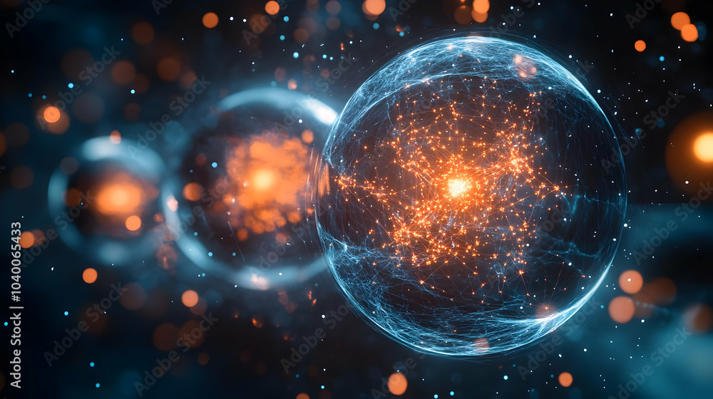 Poster 3d quantum entangled decision nodes macro shot glowing particles esg impact global connectivity spac