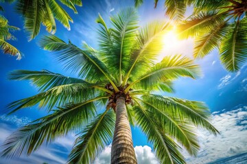 Obraz premium Lush Palm Tree Against Clear Blue Sky - Tropical Vacation Aesthetic