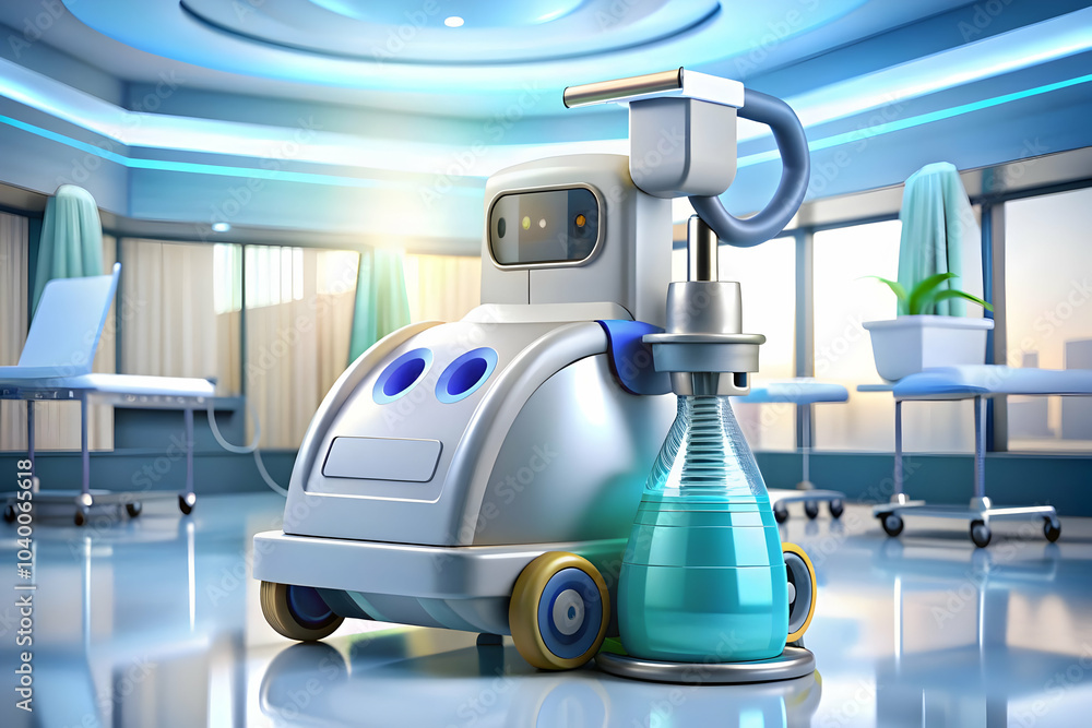 Poster robotic cleaner sanitizing hospital room abstract digital art image with bokeh background highlighti