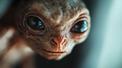 Fototapeta premium An intriguing close-up view of a creature's face, highlighting its large, expressive eyes and textured skin that sparks curiosity and wonder about its origins.