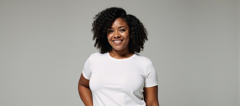 A confident plus-size black woman poses against a concrete backdrop sporting a casual white tee and voluminous curls