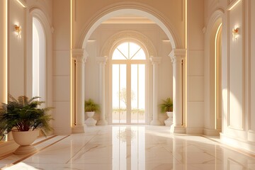 Elegant and Bright Interior Hallway with Arched Windows and Marble Flooring
