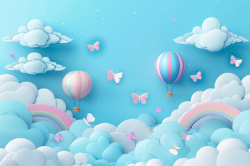 Beautiful fluffy clouds on blue sky background with summer sun