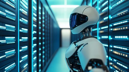 A robot conducting high-speed data analysis in a modern server room with rows of servers and LED indicators, Data tech style, photo of