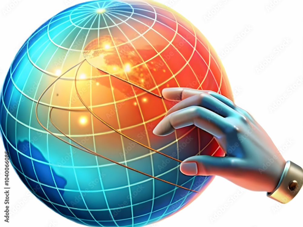 Poster glossy hand touching holographic globe image - human interaction global data network concept in phot