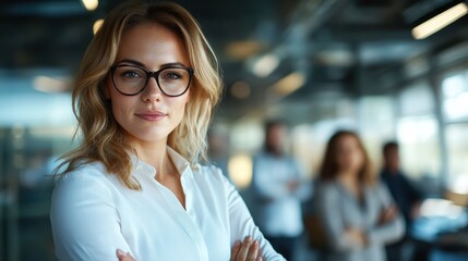A confident businesswoman wearing glasses stands with arms crossed in a modern office environment, expressing professionalism and determination.