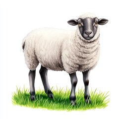 Fototapeta premium A sheep stands on green grass, featuring a fluffy white coat and a black face, representing farm life and nature.