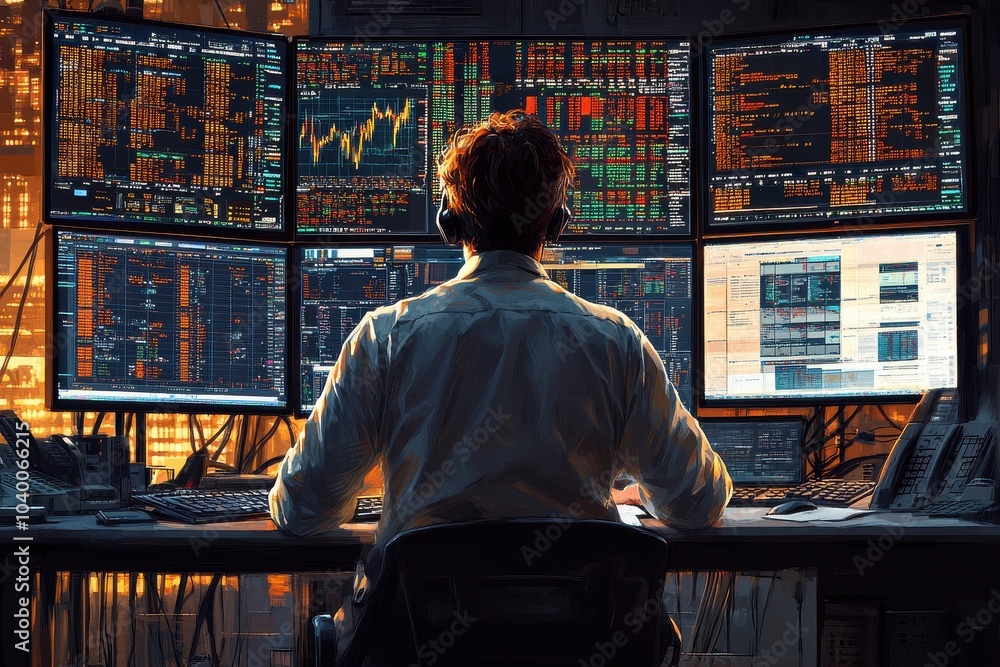 Poster trader analyzing financial markets on multiple monitors in futuristic office