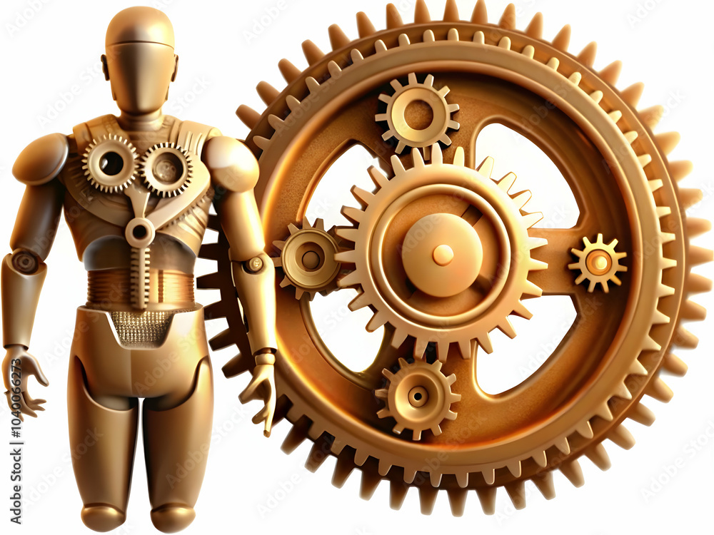 Poster interlocking gears concept image - human and robotic design combinations on plain background for sea