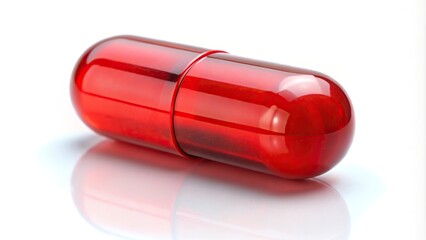 Medicine capsule filled with vitamin D reflected in red