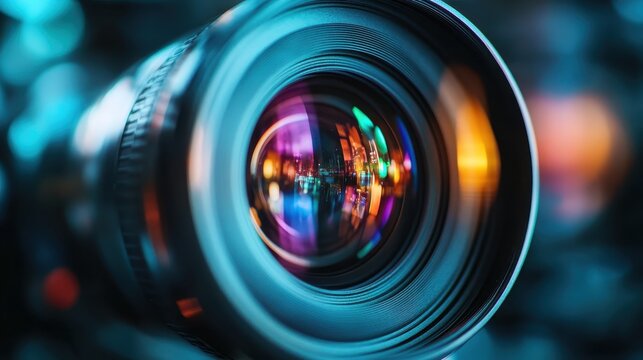 A detailed close-up of a camera lens capturing vibrant and colorful reflections, symbolizing the art and passion of photography in a striking composition. - Powered by Adobe