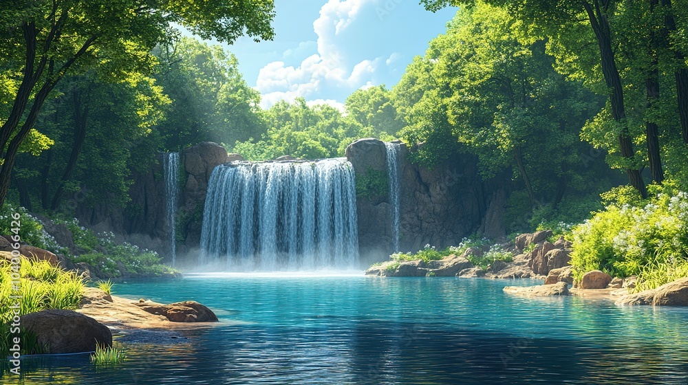 Poster A Serene Waterfall Cascading into a Tranquil Pool in a Lush Forest