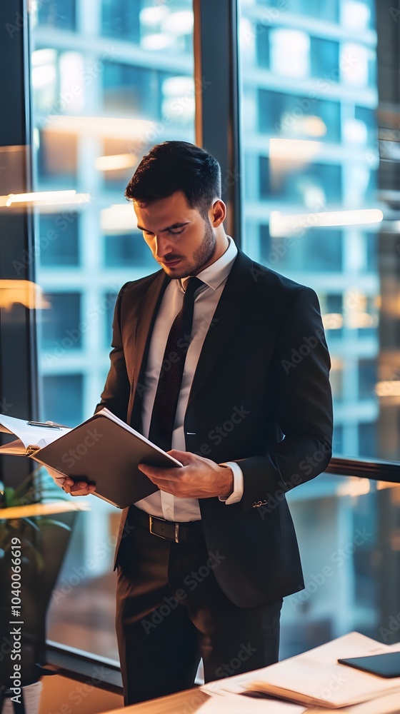 Poster Businessman in a suit standing by a window, reviewing documents.