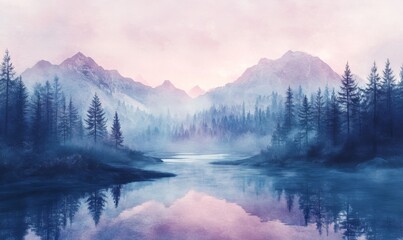 Dreamy watercolor landscape with soft pastel hues and flowing rivers, serene nature, 3D illustration