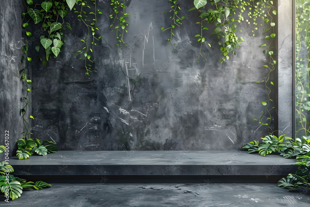 Poster modern minimalist display with greenery in a concrete setting