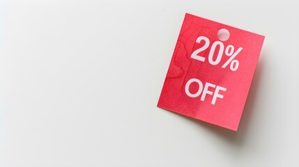 White '20% OFF' Text on a Red Square Paper Note. White Background with Copy Space