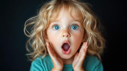 A surprised child with wide eyes and an open mouth, expressing amazement and wonder. The vibrant portrait captures the essence of youthful curiosity and excitement.