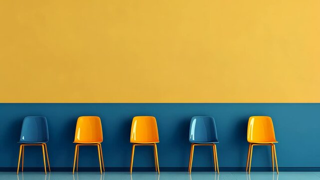 Vibrant Blue And Yellow Chairs Against Colorful Wall Modern Design Minimalistic Waiting Area Interior Concept Contemporary Seating Arrangement, 8k Wallpaper.