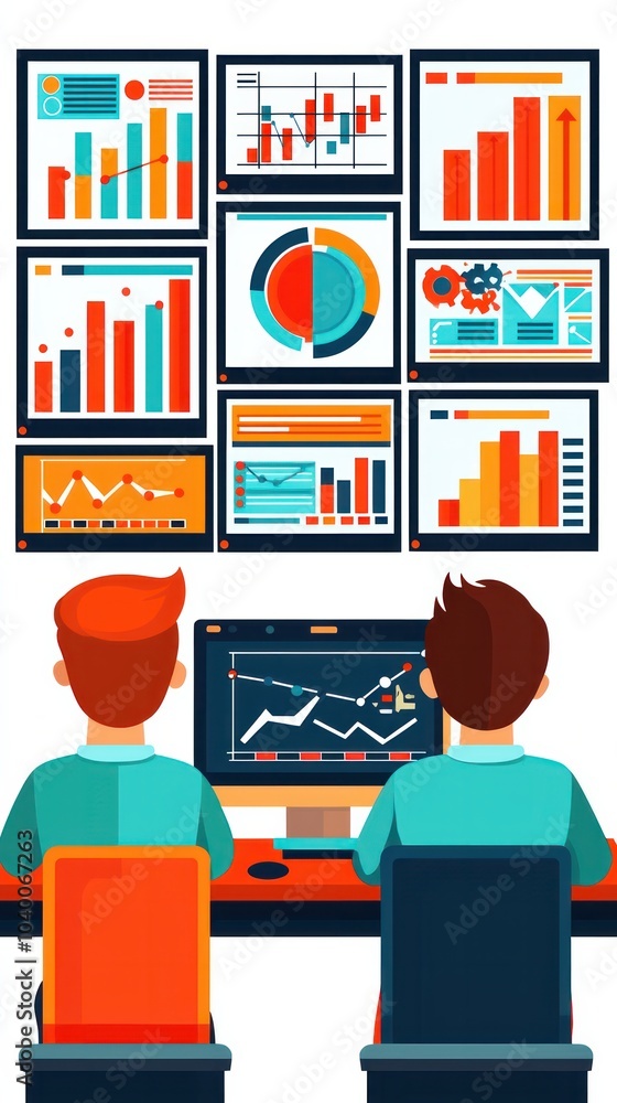 Poster analyzing business data trends insights from visual dashboards and graphical representations