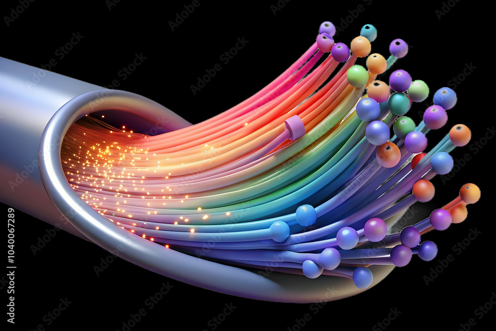 Poster macro view digital data flowing fiber optics close up colorful light beams data streams fiber optic 