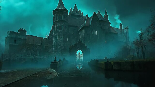 A large, dark castle stands silhouetted against a misty, teal sky