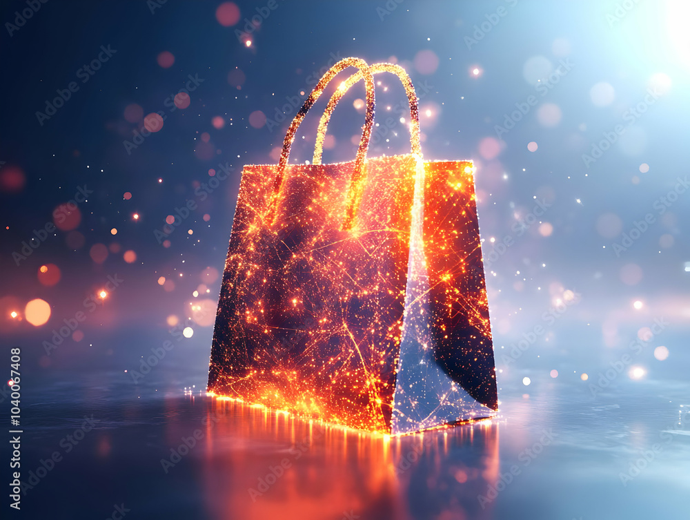 Poster flat close up virtual shopping bag icon macro image glowing effect texture design online shopping of