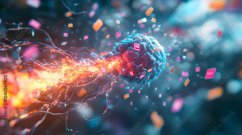 Poster 3d neural synapse flash sale concept: close-up of neuron firing, electrical impulse transforms into 