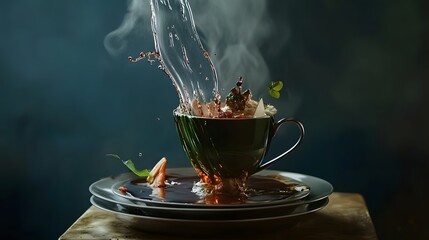 A close-up of a teacup with hot tea being poured into it, creating a dramatic splash.