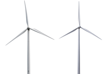 Two wind turbines on a white isolated background, representing renewable energy and sustainability.