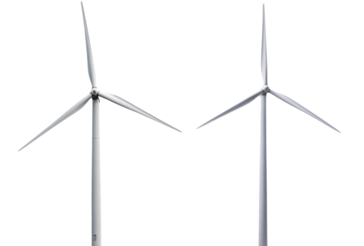 Two wind turbines on a white isolated background, representing renewable energy and sustainability.