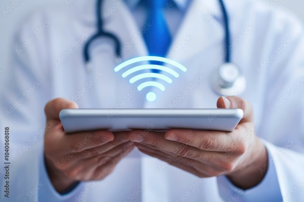 Poster doctor using tablet with wi-fi symbol for remote patient monitoring and consultations