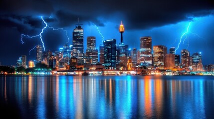 Obraz premium Lightning storm over a coastal city, bolts striking the ocean and skyline