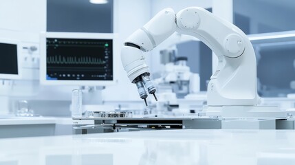 A robot conducting precision diagnostics in a state-of-the-art medical imaging lab with clean surfaces and advanced diagnostic equipment, Medical tech style, photo of