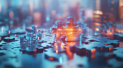 3D Floating Puzzle Pieces Forming Sustainable City Concept - Abstract Glowing Puzzle Assembly for Futuristic Cityscape, Camera Panning to Diverse Figures for Community ESG Growth, Soft Bokeh Backgroun