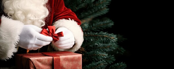 Santa Claus preparing a gift with a red bow next to a Christmas tree.
