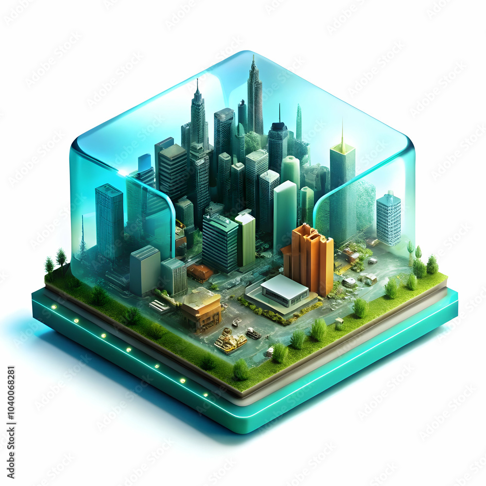Poster glossy circuit board background with cityscape overlay - smart cities technology concept, transparen