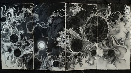 A series of intricate ink drawings depicting different stages of the merging of the electromagnetic and weak forces from initial attraction to ultimate unification.