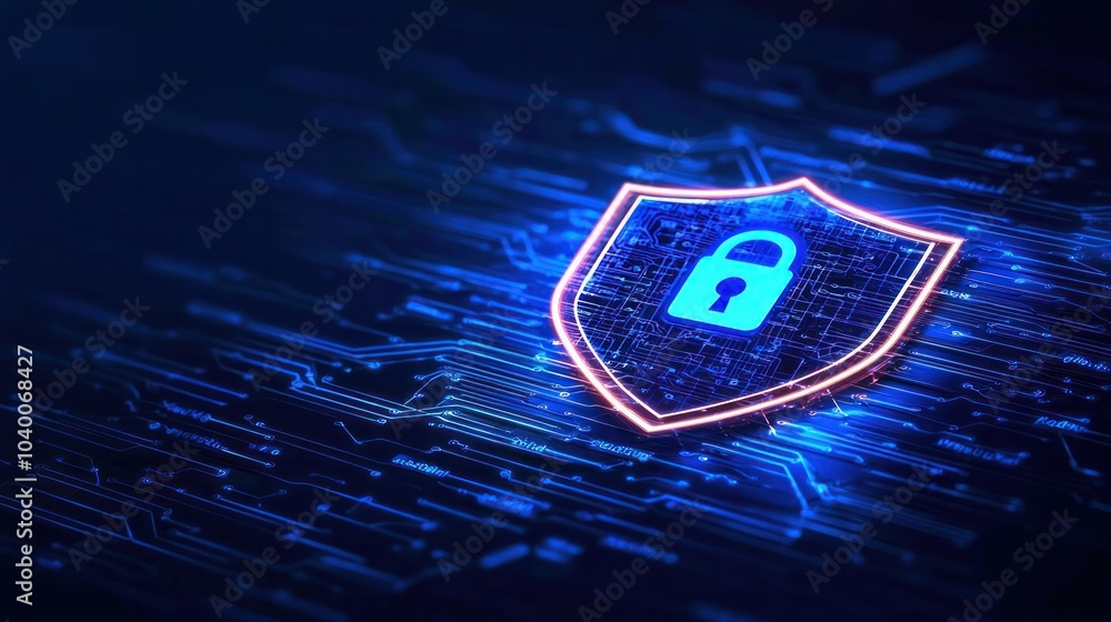 Poster cybersecurity shield protecting data with advanced digital lock technology
