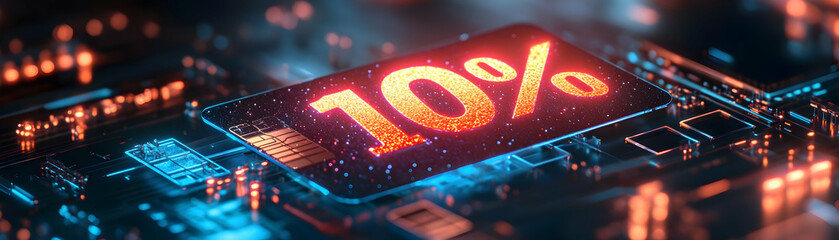 Holographic Percentage Symbol Above Glossy Credit Card with Ample Copy Space for Discounts and Financial Advertising - High Resolution Image on Holographic Background